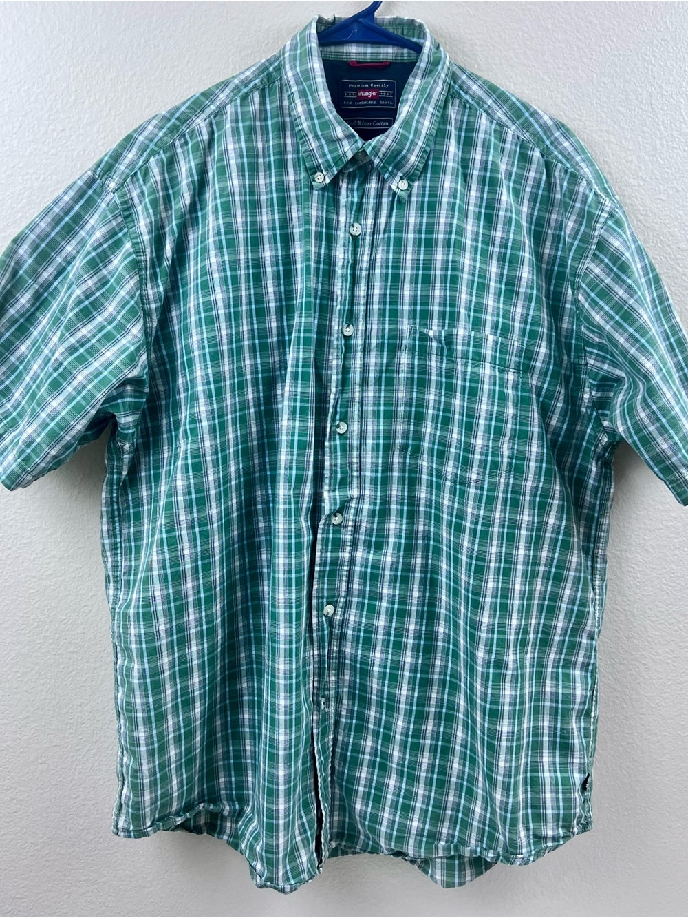 Wrangler Green Plaid Cotton Short Sleeve Button-Up Shirt Point Collar Men's L